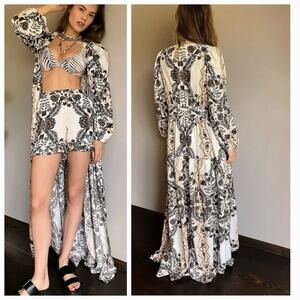 New Free People Wandering Folk Maxi Top Duster Dress $228 X-SMALL Palm Print